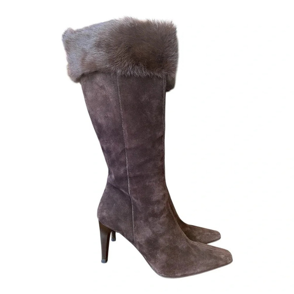 Massimo Baldi Shoes - Massimo Baldi Italian Knee High Fur-Trim Brown Suede Heel Boots Winter Neutral